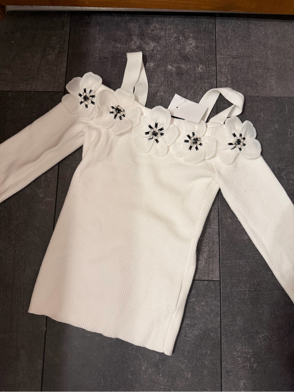 White Floral Embellished Cold-Shoulder Sweater